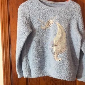 fuzzy blue unicorn crewneck